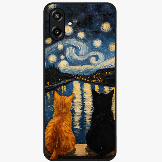 Starry River Cats Glass Case showing flat back view with cats by a starry river artwork and glossy glass finish.