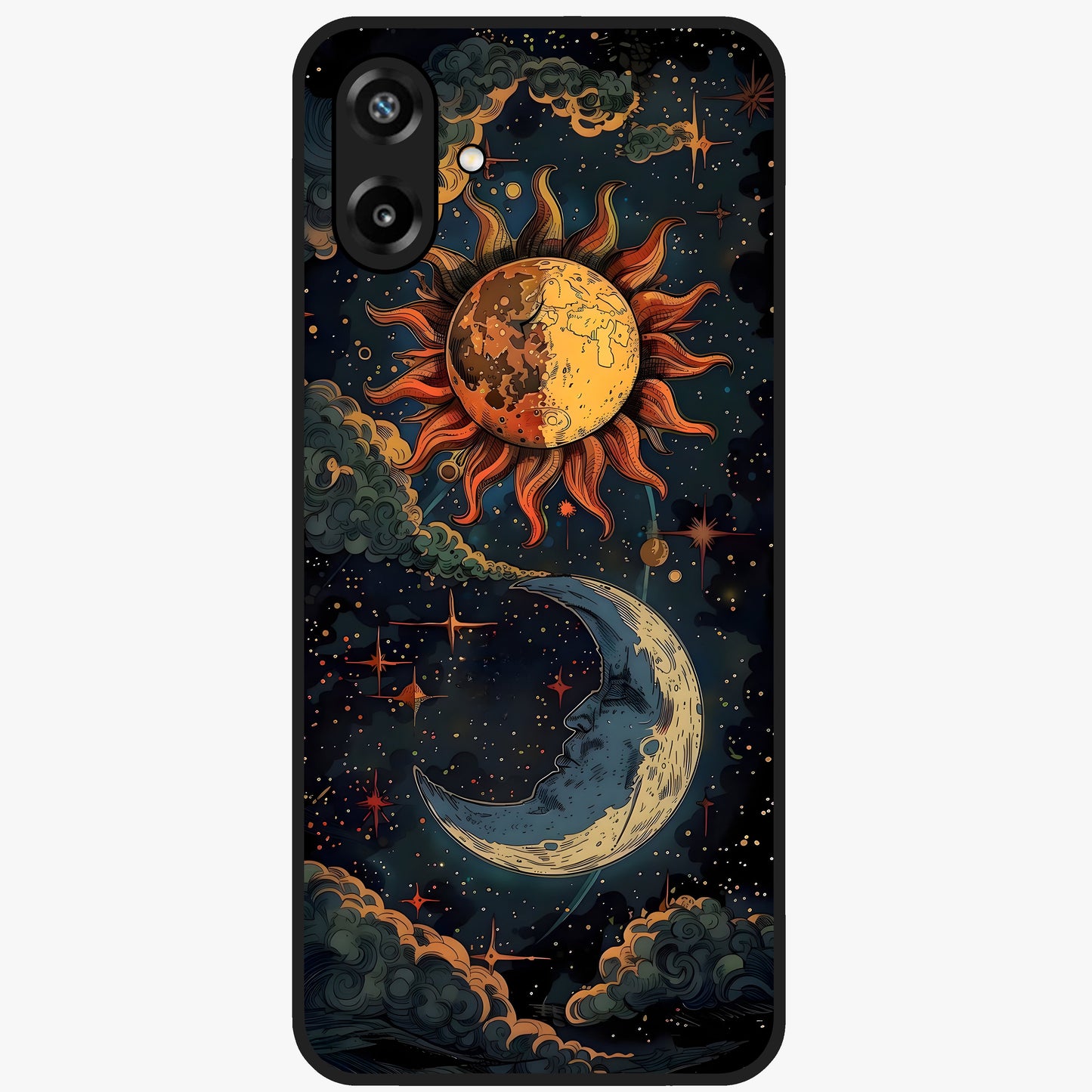 Sun And Moon Magic Design Glass Case showing flat back view with mystical sun and moon artwork and glossy glass finish.