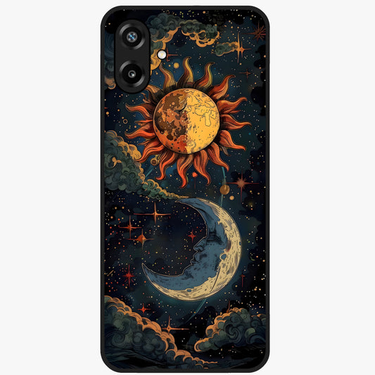 Sun And Moon Magic Design Glass Case showing flat back view with mystical sun and moon artwork and glossy glass finish.