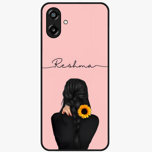 Sunflower Braid Beauty With Custom Name Glass Case showing flat back view with sunflower braid artwork and personalized name design.