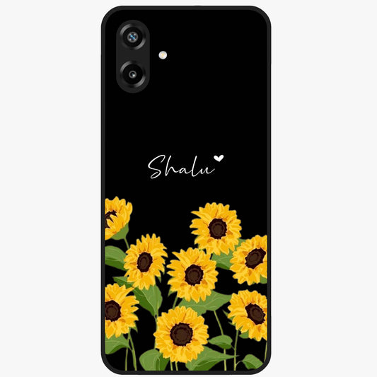 Sunflower Chic Mood Custom Name Glass Case showing flat back view with stylish sunflower artwork and personalized name design.