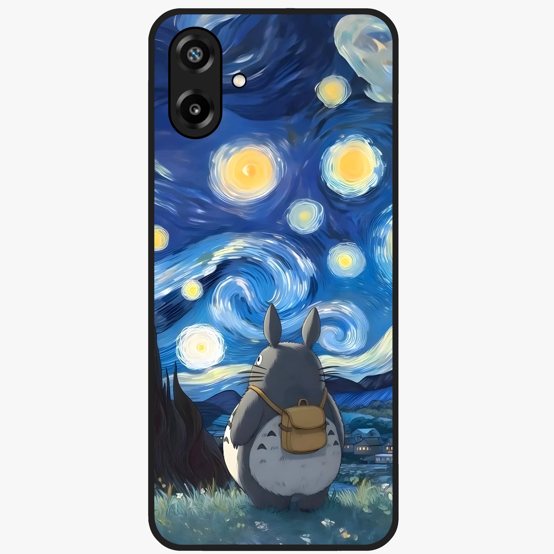 Totoro In Van Gogh Art Glass Case showing flat back view with whimsical character artwork inspired by Van Gogh style and glossy glass finish.