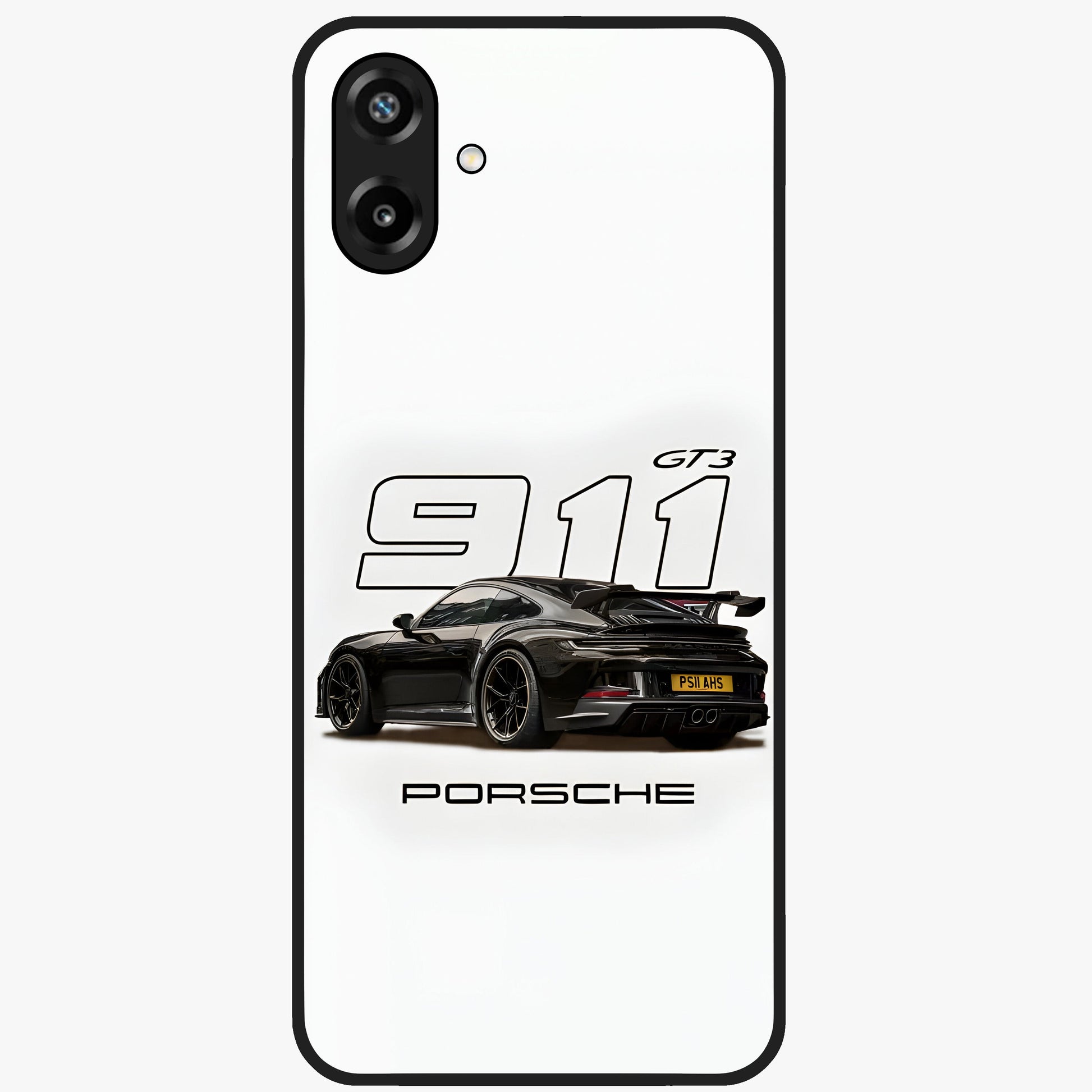Turbo Legacy Icon Glass Case showing flat back view with iconic sports car inspired artwork and glossy glass finish.