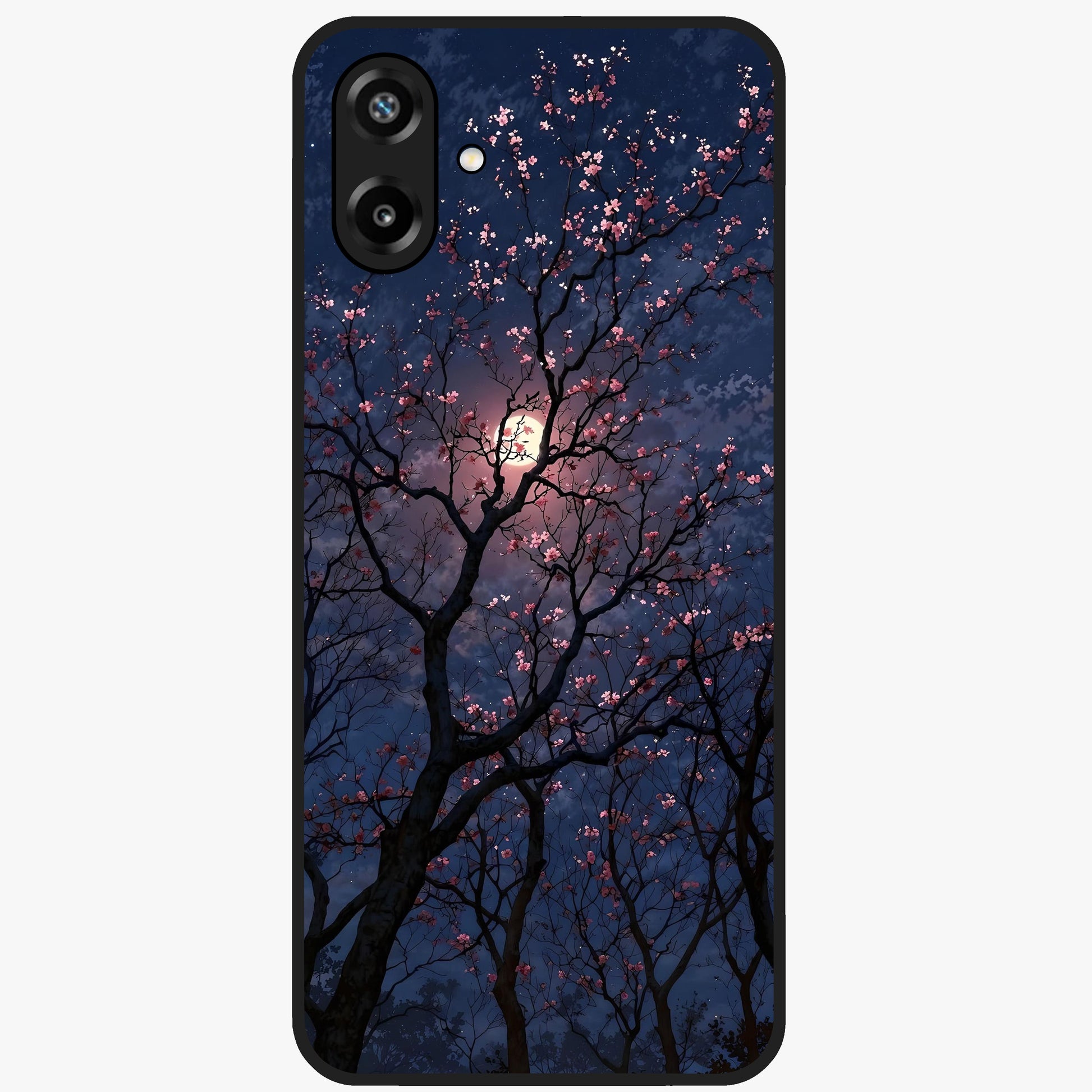 Twilight Sakura Serenade Glass Case showing flat back view with cherry blossom artwork at twilight and glossy glass finish.
