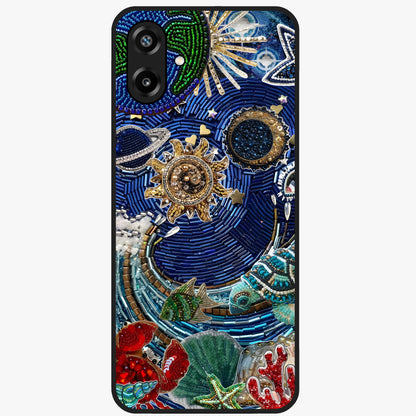 Universe Underwater Spark Glass Case showing flat back view with cosmic underwater themed artwork and glossy glass finish.