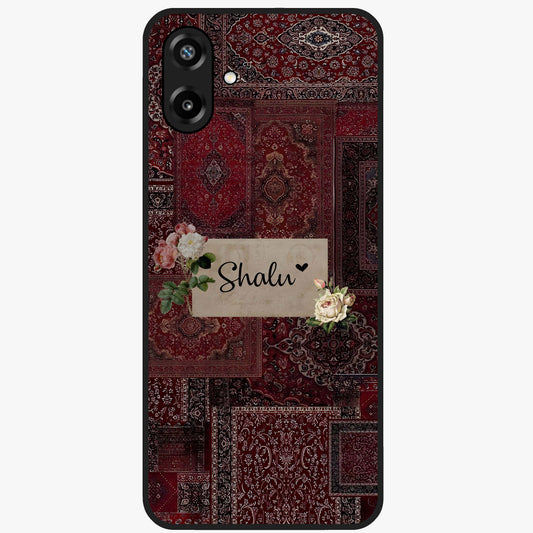 Velvet Wine Pattern Custom Name Glass Case showing flat back view with elegant wine colored pattern artwork and personalized name design.