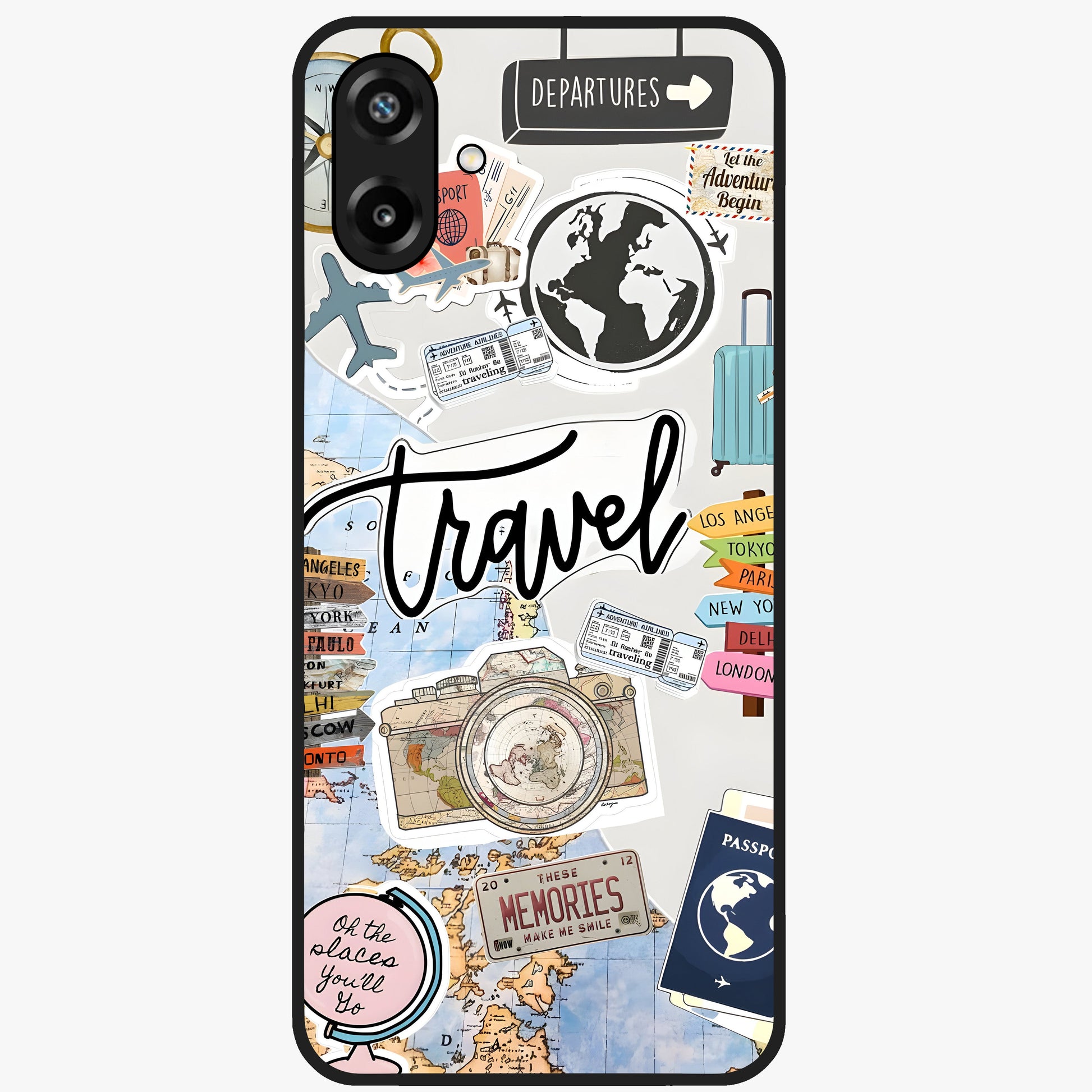 Wanderlust Journal Glass Case showing flat back view with travel inspired artwork and glossy glass finish.