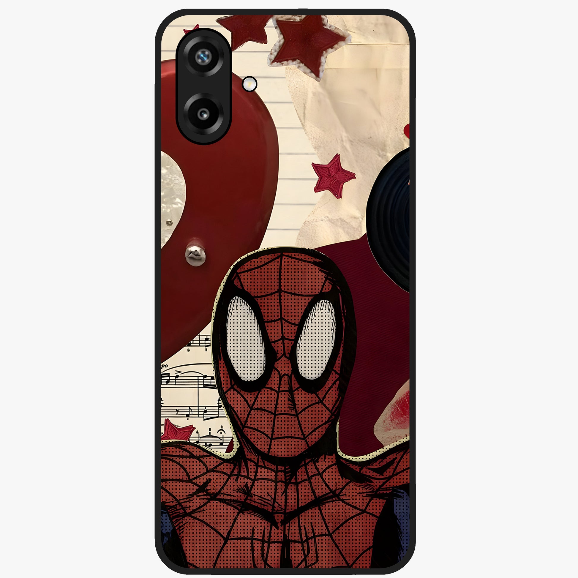 Web Warrior Vibes Glass Case showing flat back view with superhero inspired web themed artwork and glossy glass finish.