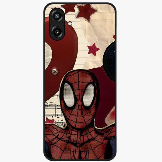 Web Warrior Vibes Glass Case showing flat back view with superhero inspired web themed artwork and glossy glass finish.