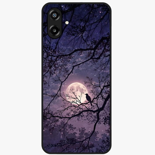 Whispering Moon Silence Glass Case showing flat back view with serene moon themed artwork and glossy glass finish.