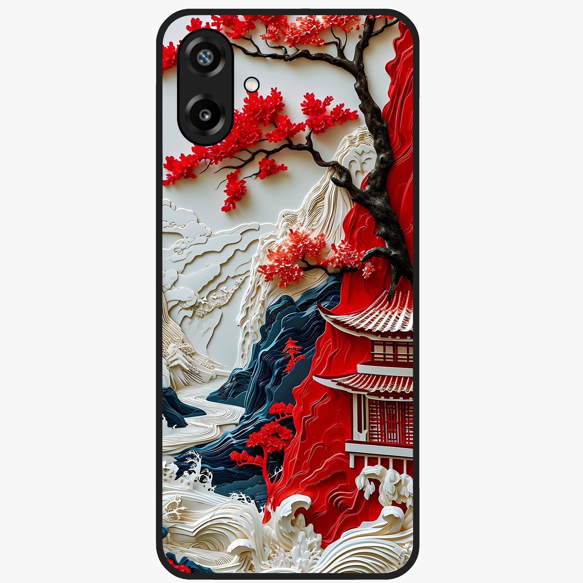 Whispers Of Sakura Waves Glass Case showing flat back view with cherry blossom wave artwork and glossy glass finish.