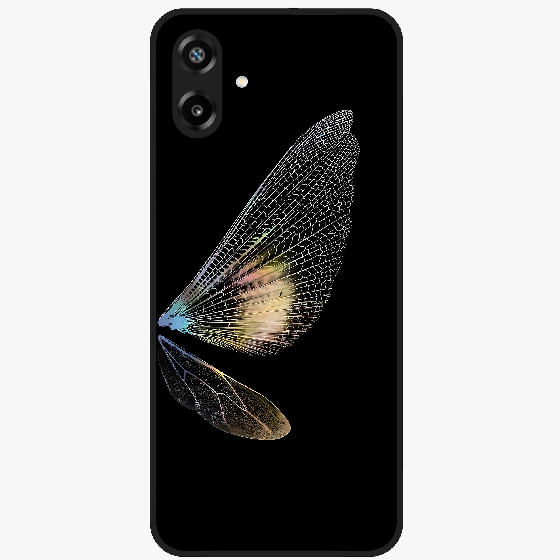 Whispers Of Wings Glass Case showing flat back view with graceful wing inspired artwork and glossy glass finish.