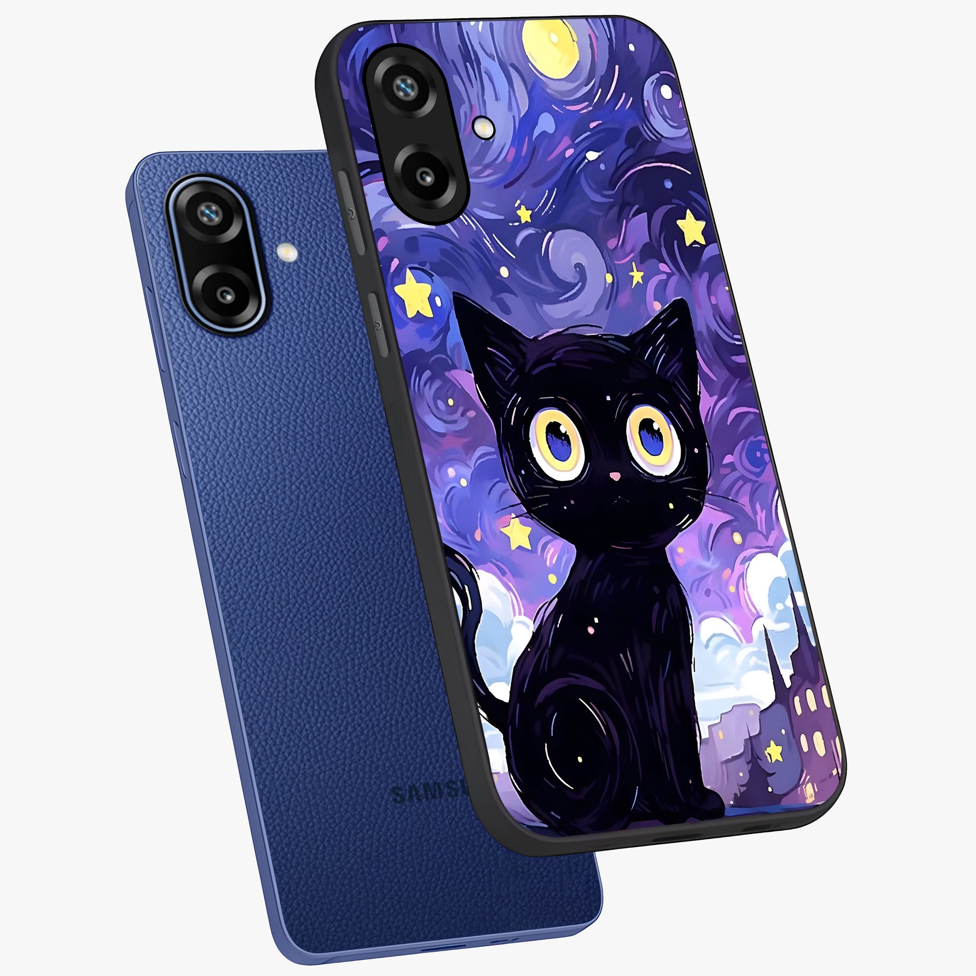 Abstract Cat Art Glass Case displayed in angled mockup highlighting modern abstract cat artwork and sleek glass surface.
