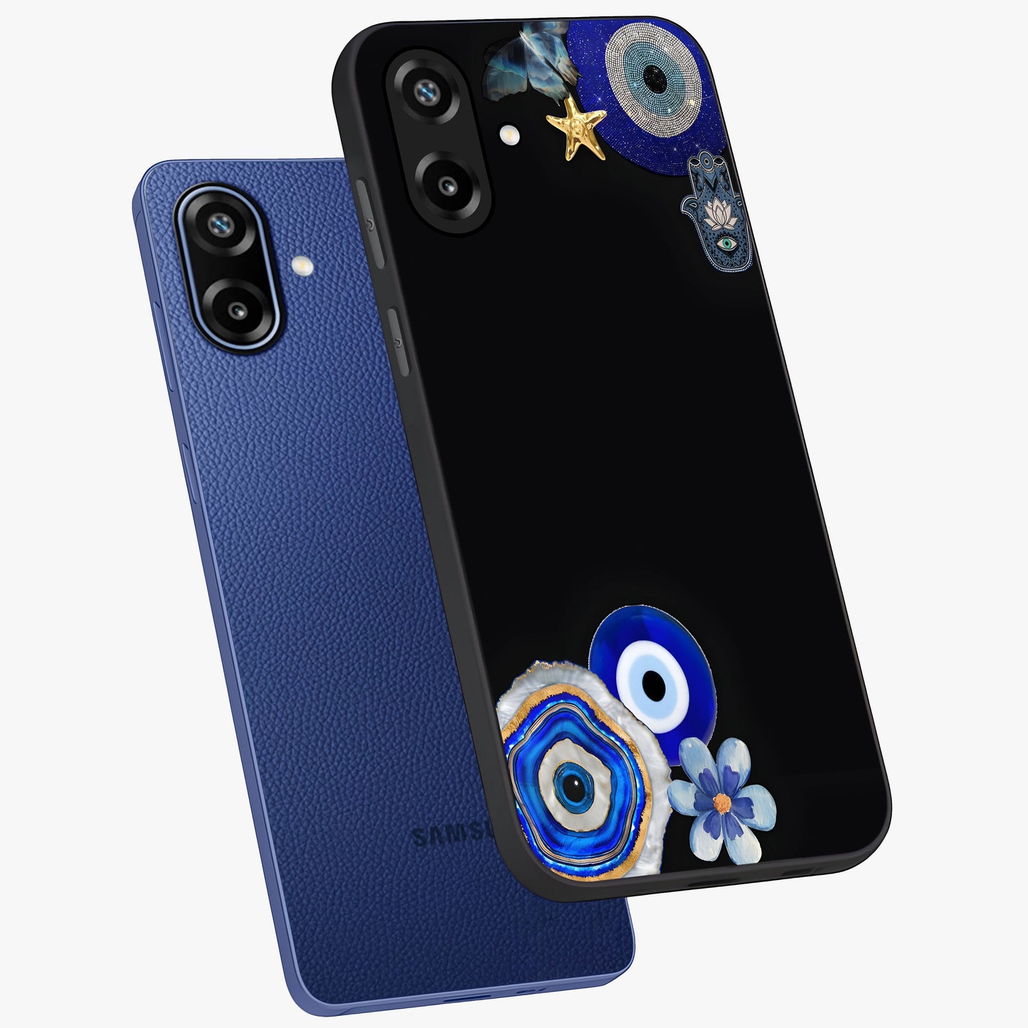 Aesthetic Blue Evil Eye Glass Case displayed in angled mockup highlighting blue evil eye symbol and spiritual aesthetic design.