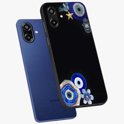 Aesthetic Blue Evil Eye Glass Case displayed in angled mockup highlighting blue evil eye symbol and spiritual aesthetic design.