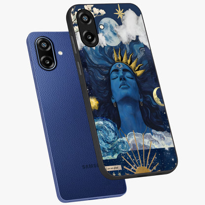 Aesthetic Lord Shiva Glass Case displayed in angled mockup highlighting spiritual Shiva illustration and sacred aesthetic design.