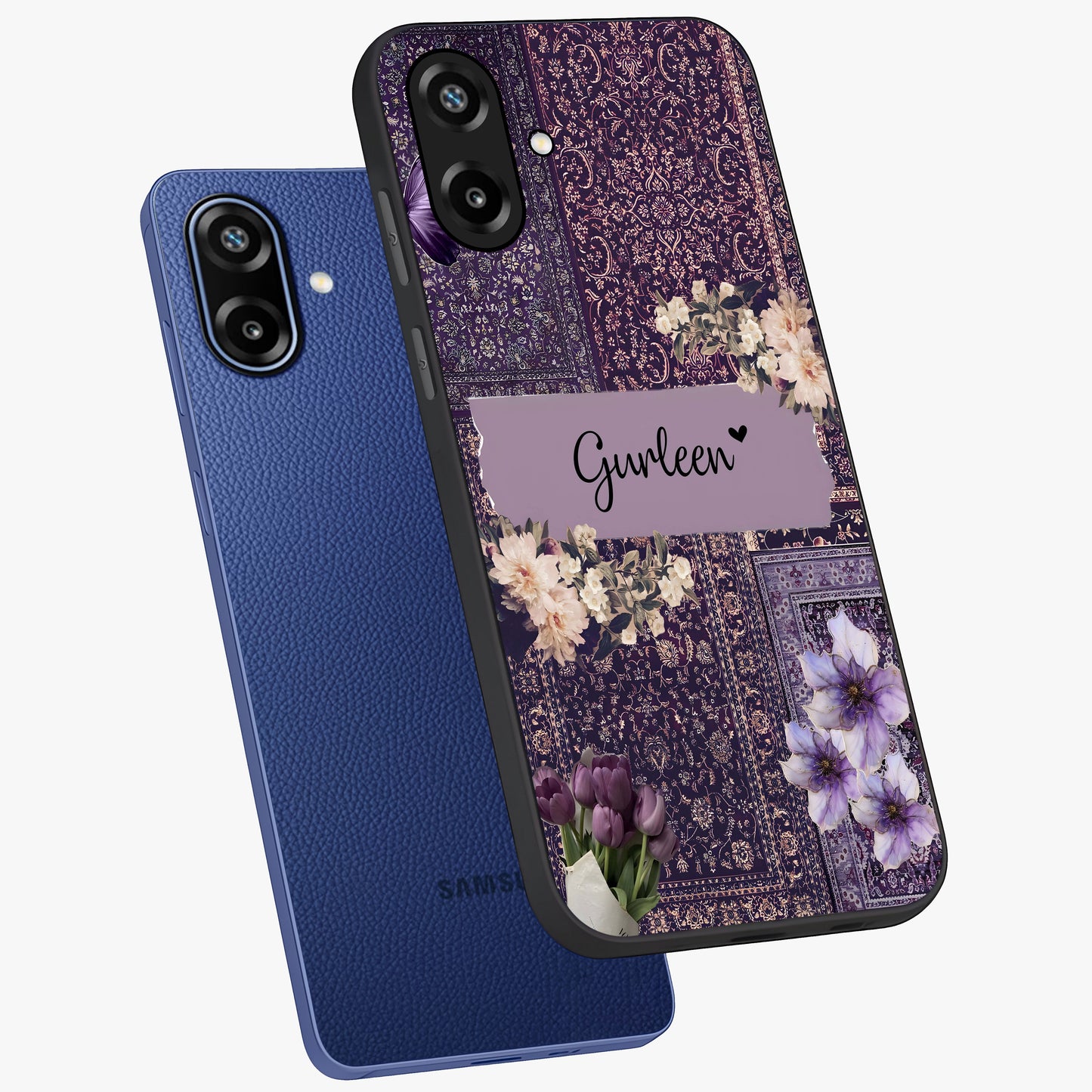 Antique Floral Whisper Custom Name Glass Case displayed in angled mockup highlighting elegant antique floral aesthetic.