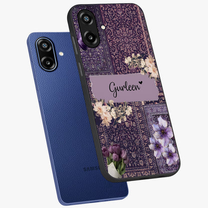 Antique Floral Whisper Custom Name Glass Case displayed in angled mockup highlighting elegant antique floral aesthetic.