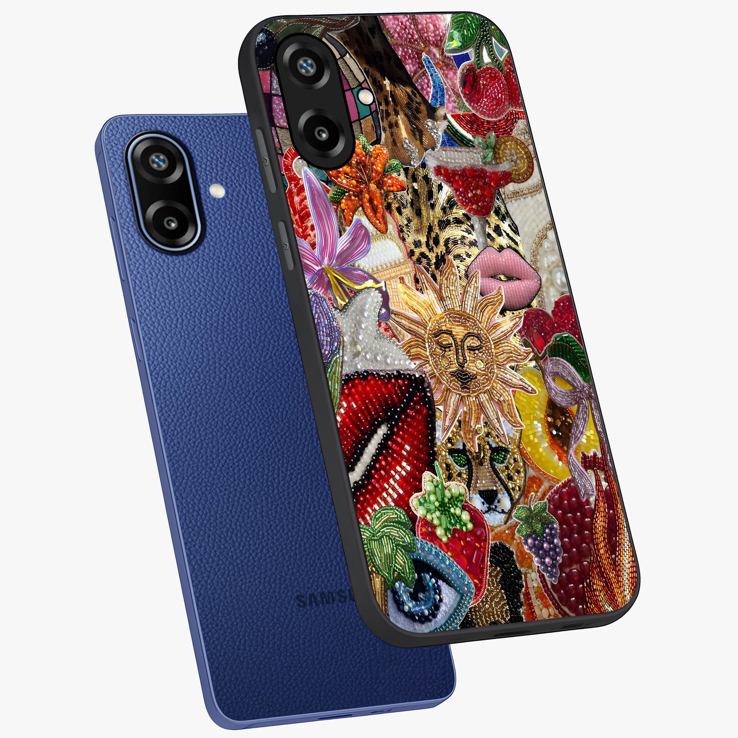Beaded Fashion Jungle Glass Case displayed in angled mockup highlighting colorful fashion bead design and artistic pattern.