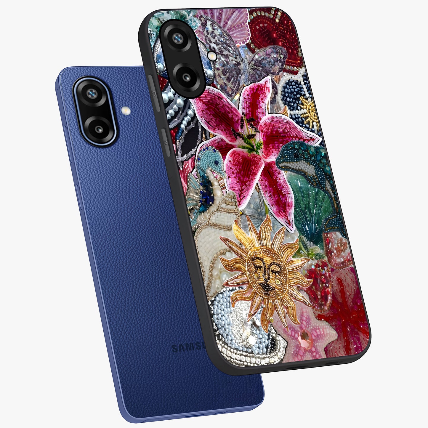 Beaded Garden Fantasy Glass Case displayed in angled mockup highlighting fantasy inspired floral bead pattern.