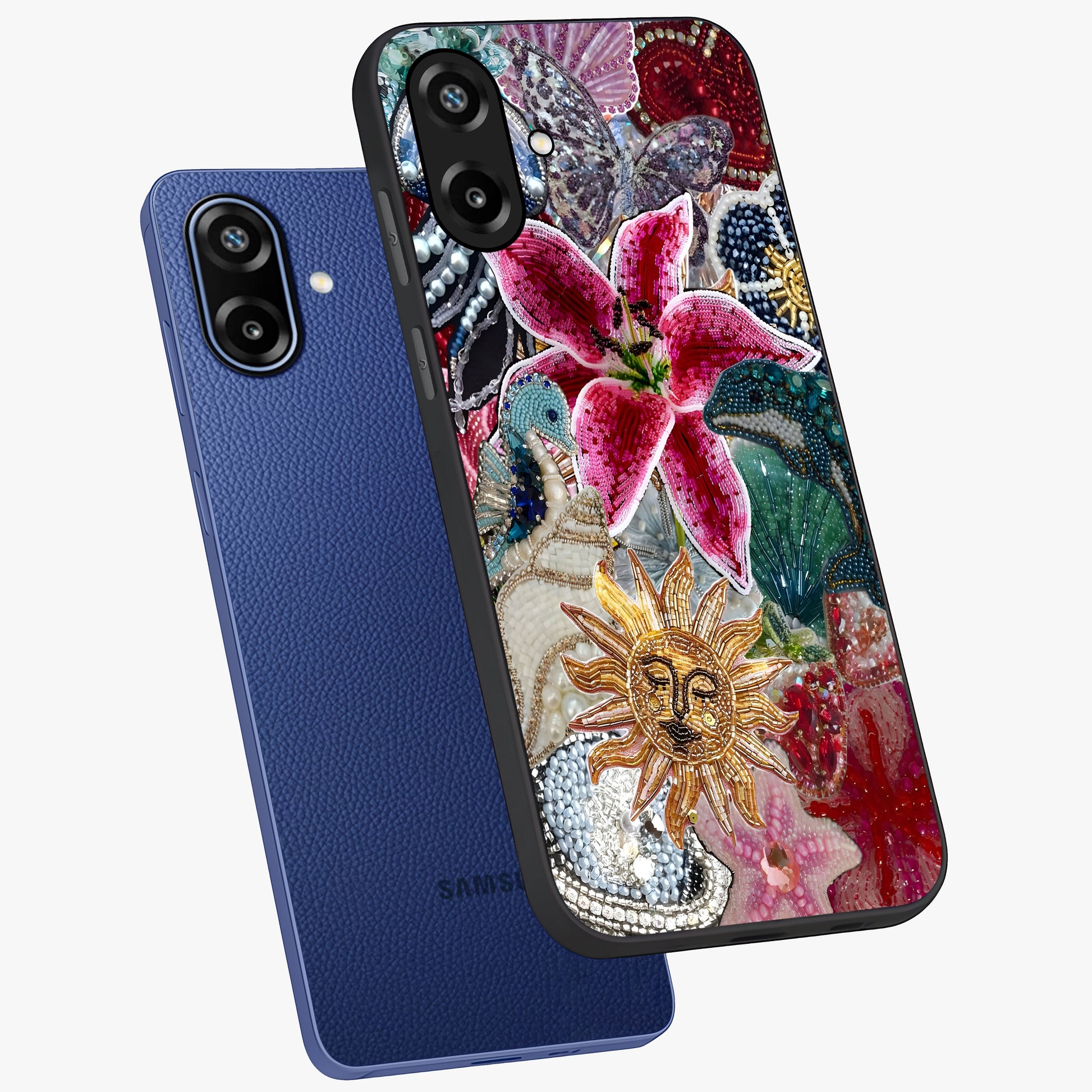 Beaded Garden Fantasy Glass Case displayed in angled mockup highlighting fantasy inspired floral bead pattern.