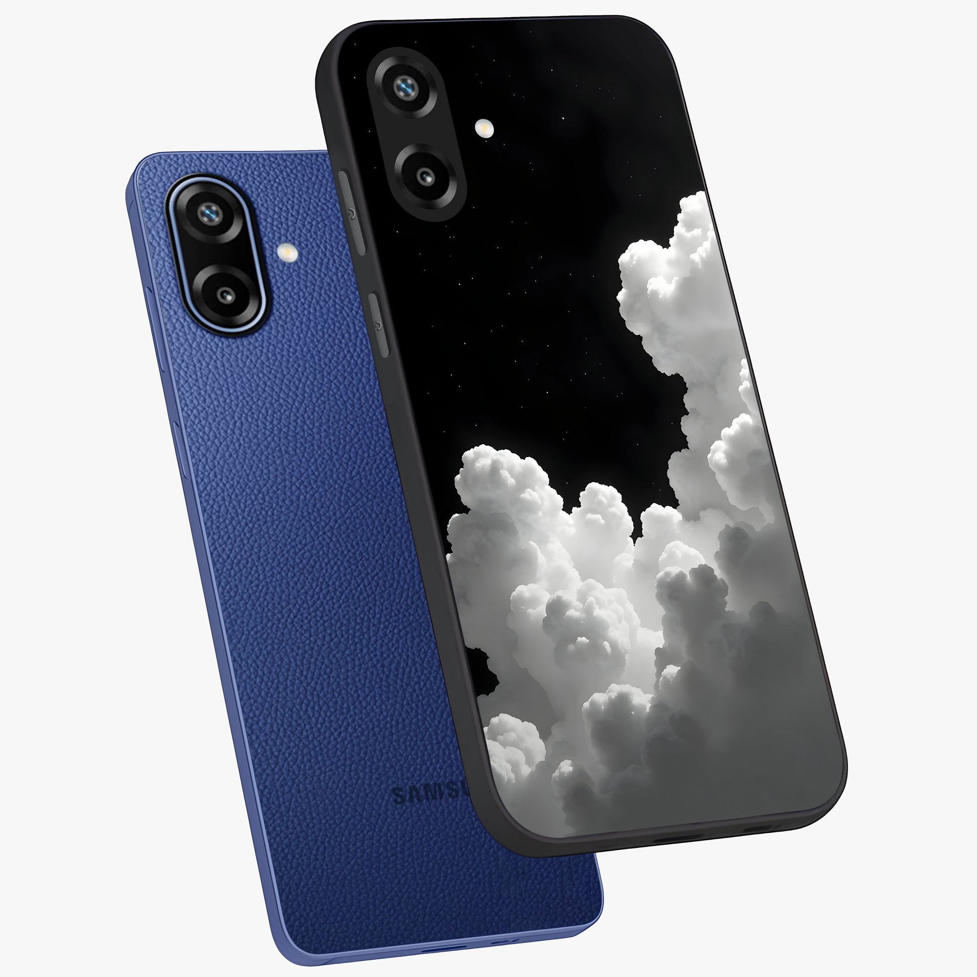 Black Background With White Cloud Glass Case displayed in angled mockup highlighting soft white cloud illustration and minimal design.