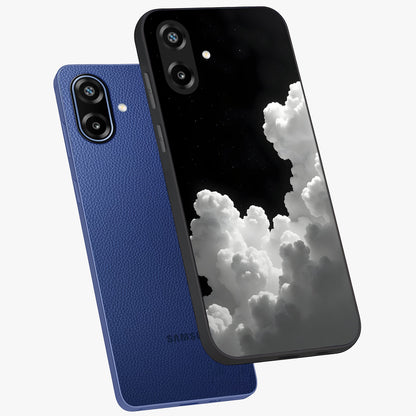 Black Background With White Cloud Glass Case displayed in angled mockup highlighting soft white cloud illustration and minimal design.