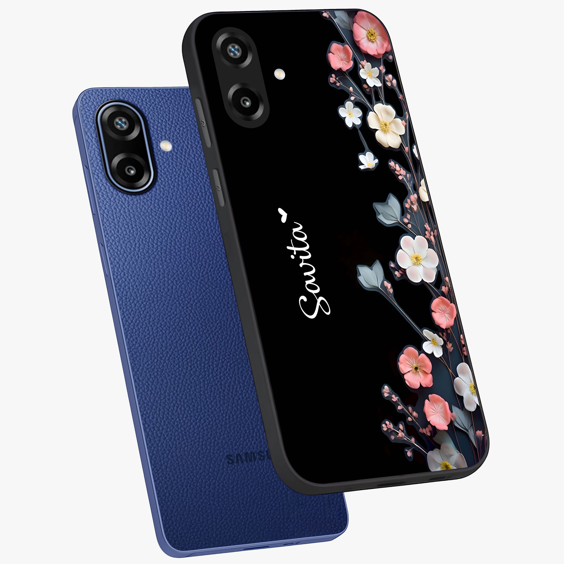 Black Elegance Floral Custom Name Glass Case displayed in angled mockup highlighting dark floral aesthetic and custom name feature.