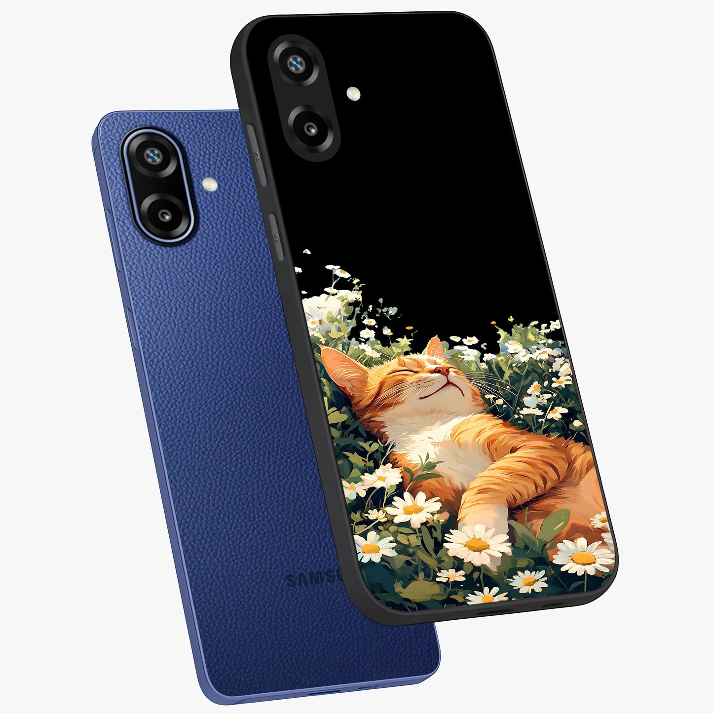 Blissful Bloom Cat Glass Case displayed in angled mockup highlighting playful feline illustration with soft floral aesthetic.
