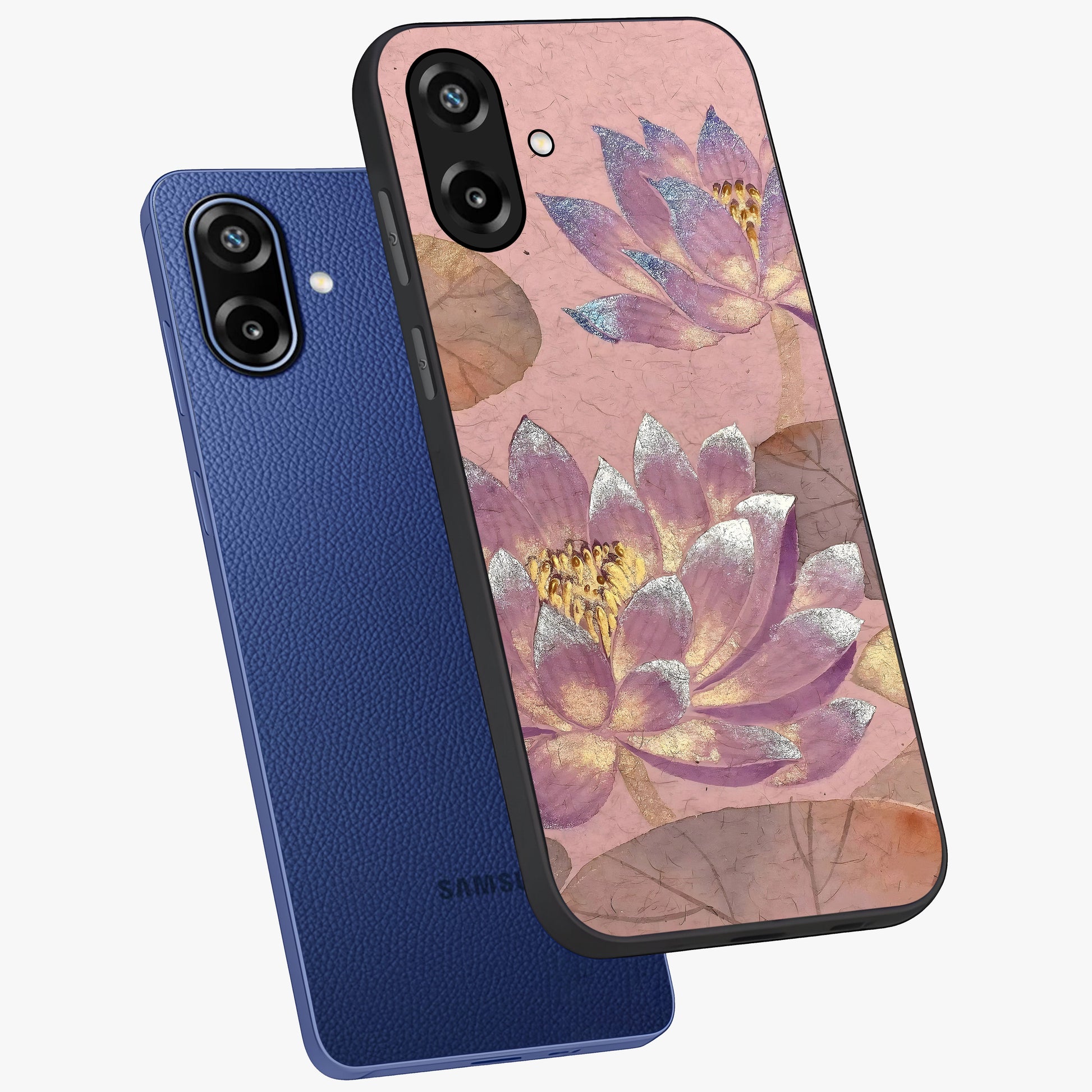 Blossom Mist Lotus Glass Case displayed in angled mockup highlighting delicate lotus illustration with calm aesthetic theme.