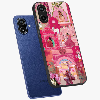 Blossoms of Rajasthan Glass Case displayed in angled mockup highlighting vibrant floral pattern with cultural aesthetic style.