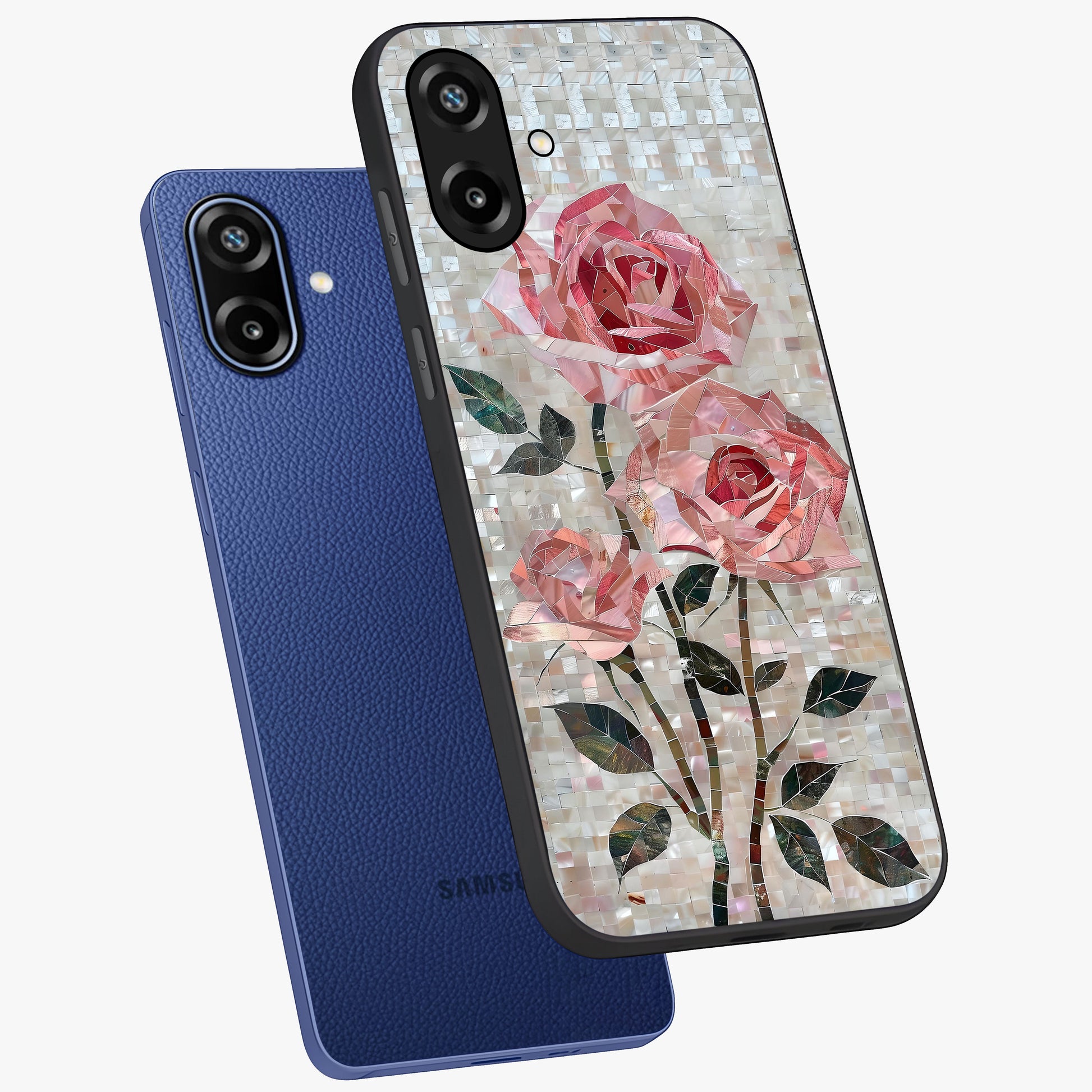 Blush Mosaic Bloom Glass Case displayed in angled mockup highlighting artistic mosaic flower pattern with aesthetic design.