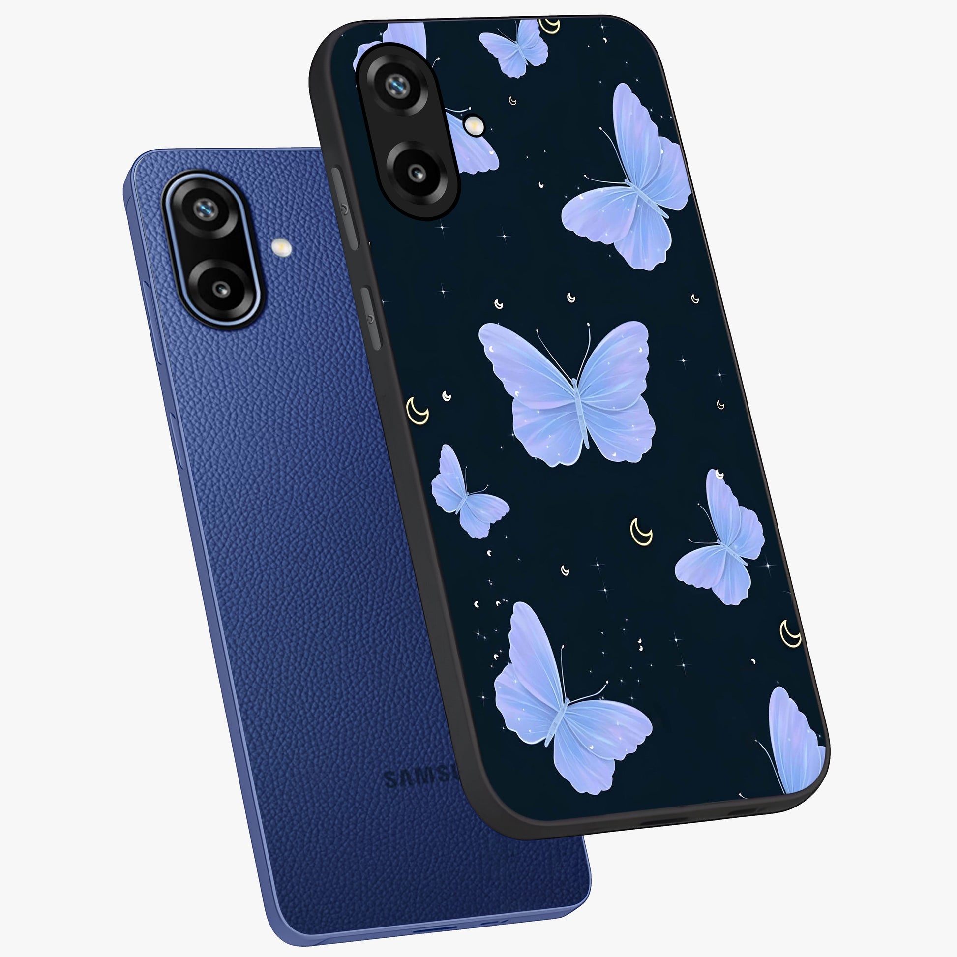 Butterfly With Stars Pattern Glass Case displayed in angled mockup highlighting dreamy butterfly and star design with aesthetic theme.