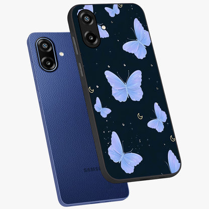 Butterfly With Stars Pattern Glass Case displayed in angled mockup highlighting dreamy butterfly and star design with aesthetic theme.
