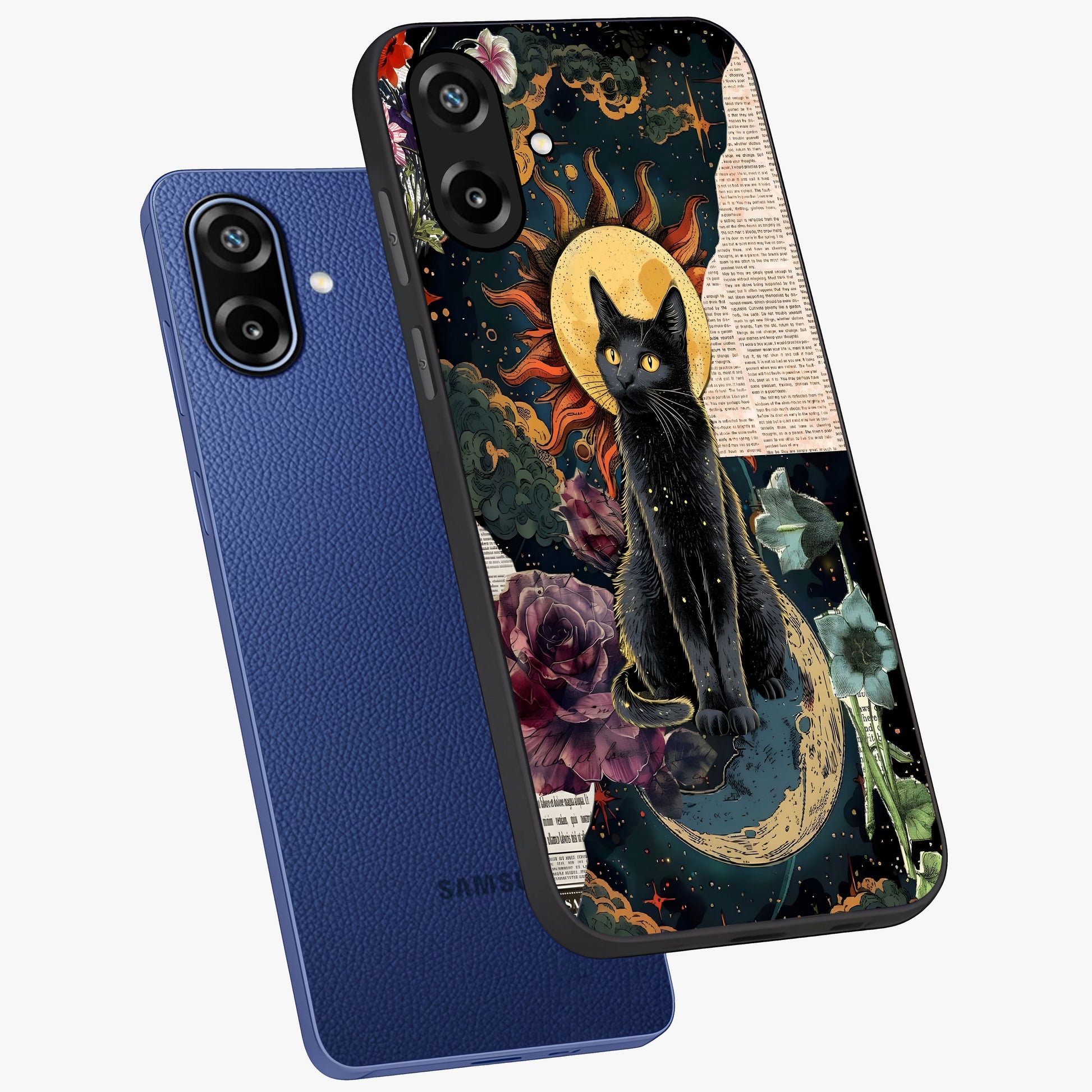 Celestial Black Cat Glass Case displayed in angled mockup highlighting cosmic black cat design with celestial aesthetic.