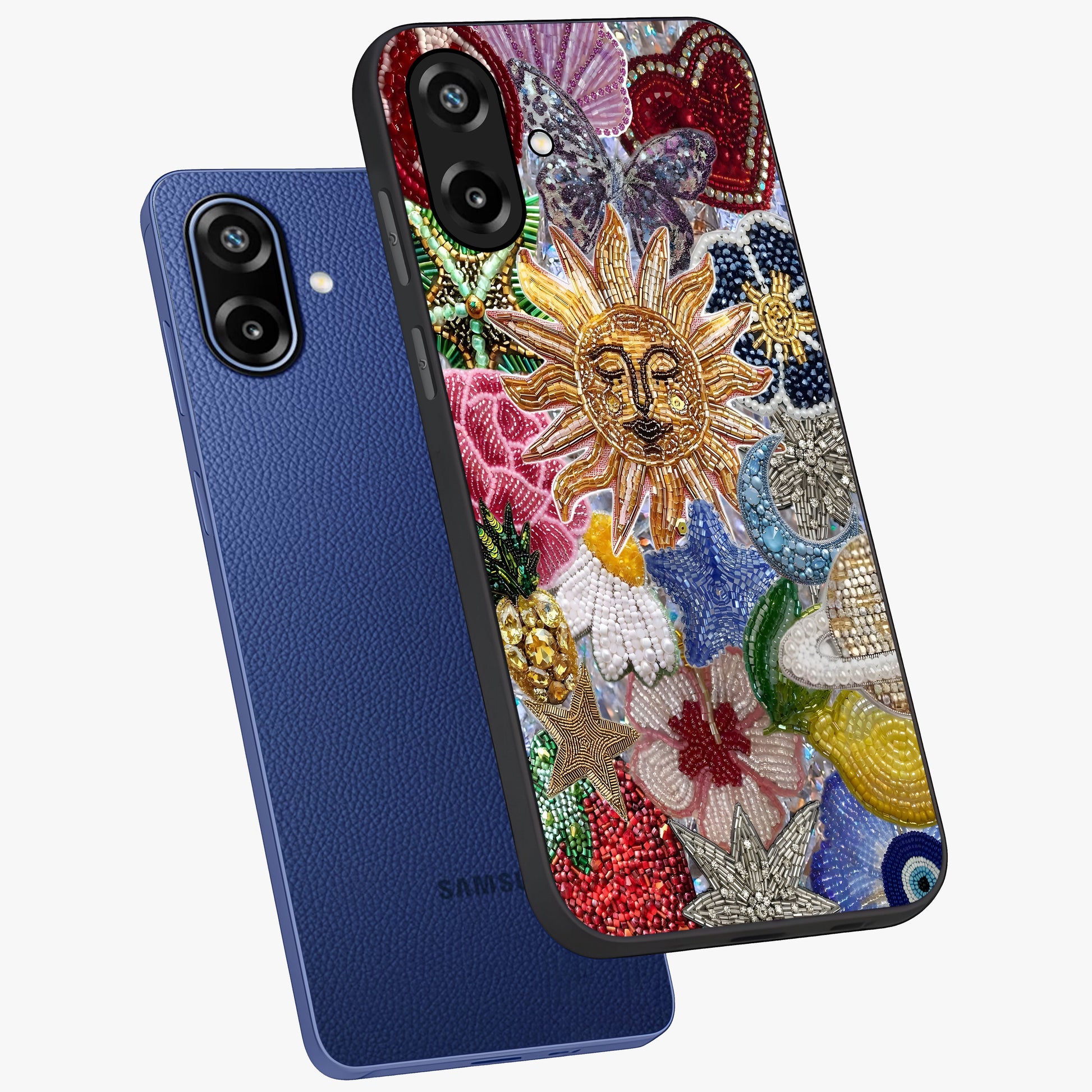Celestial Floral and Playful Glass Case displayed in angled mockup highlighting playful floral design with dreamy celestial elements.