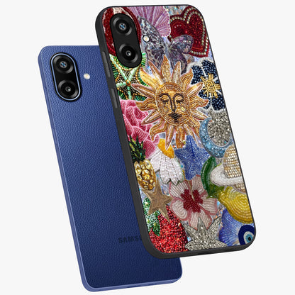Celestial Floral and Playful Glass Case displayed in angled mockup highlighting playful floral design with dreamy celestial elements.