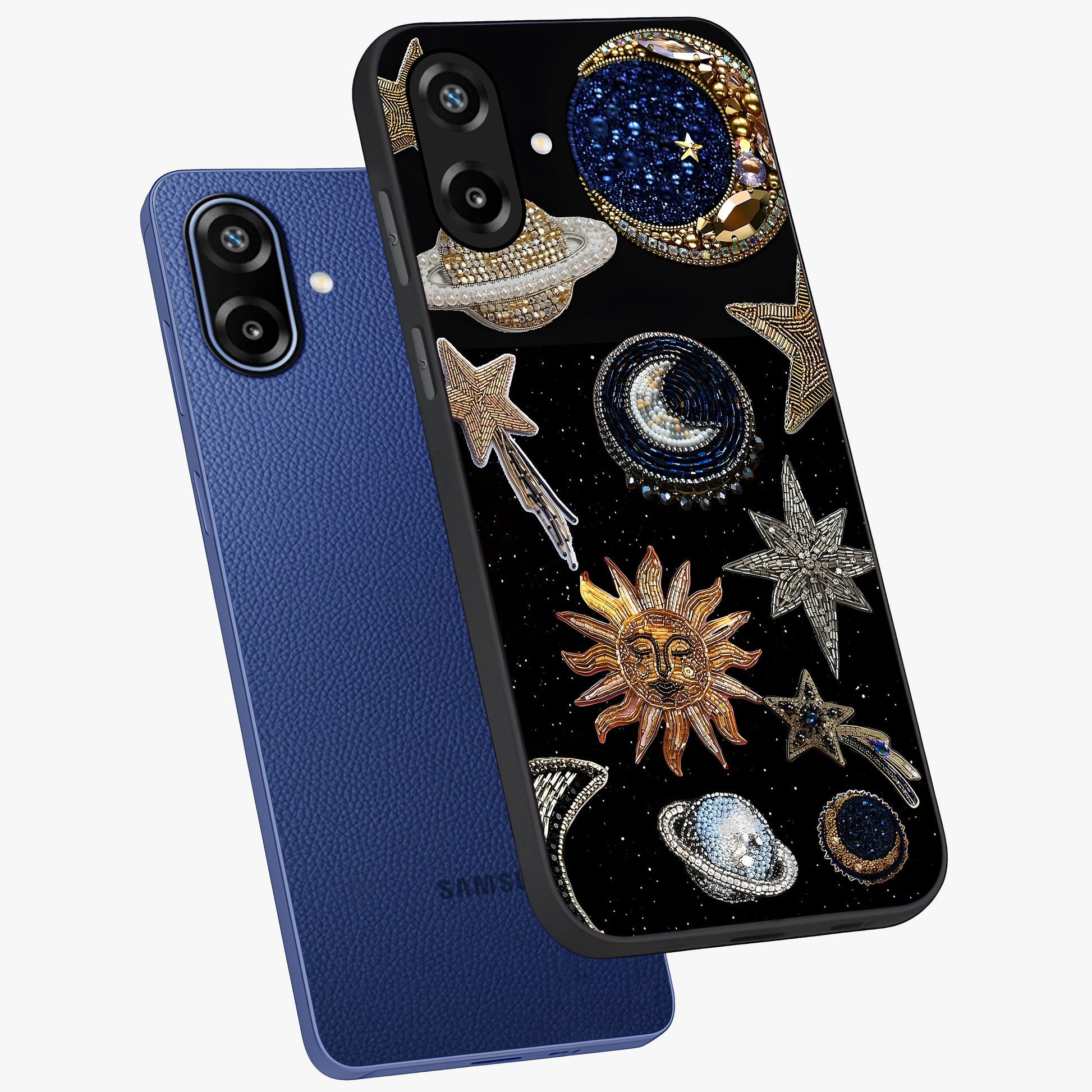 Celestial Gem Constellations Glass Case displayed in angled mockup highlighting gemstone inspired constellation design.
