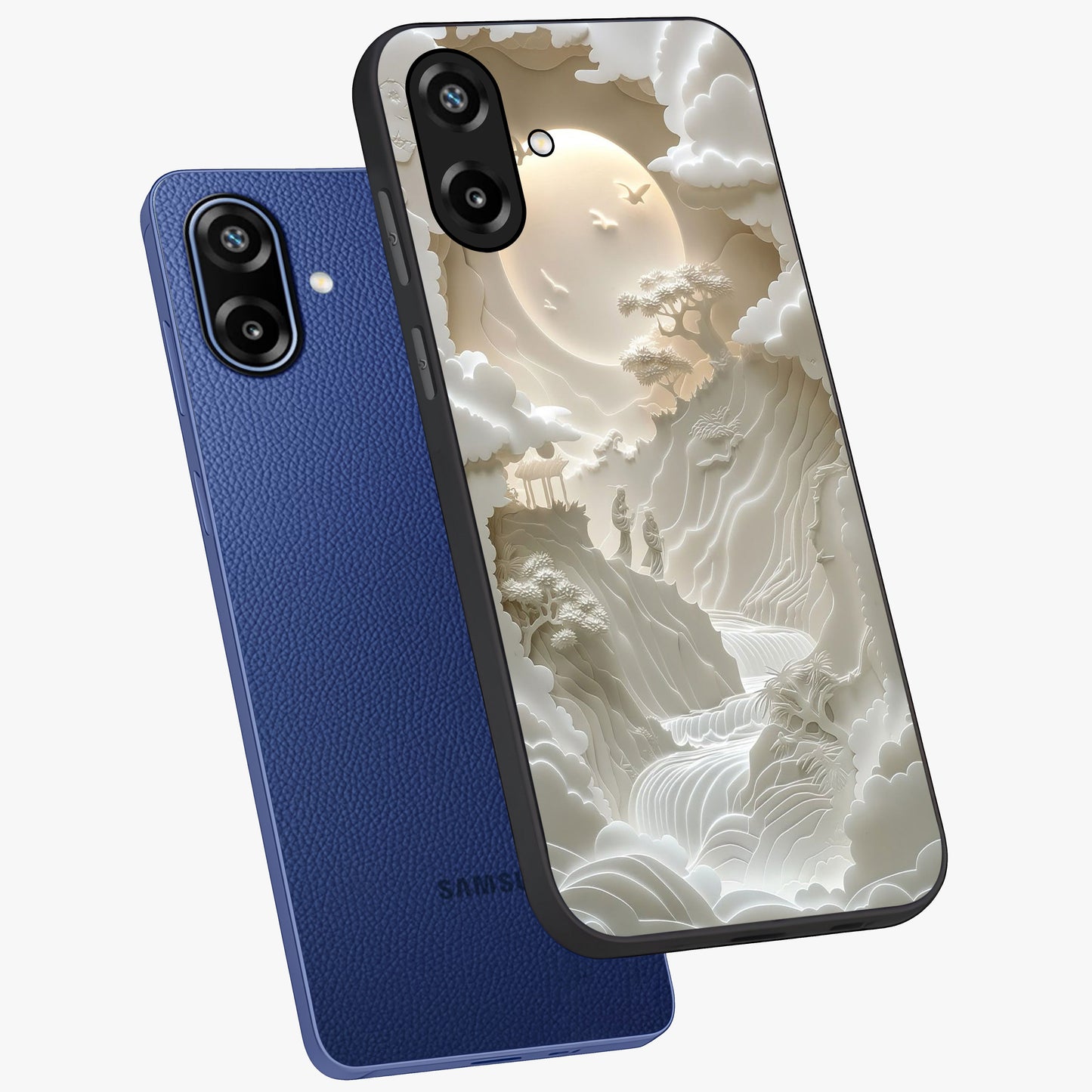 Celestial Origami Glass Case displayed in angled mockup highlighting geometric origami design with cosmic aesthetic theme.