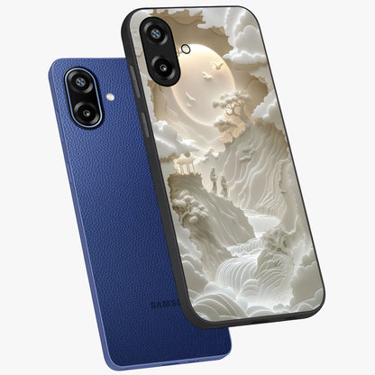 Celestial Origami Glass Case displayed in angled mockup highlighting geometric origami design with cosmic aesthetic theme.