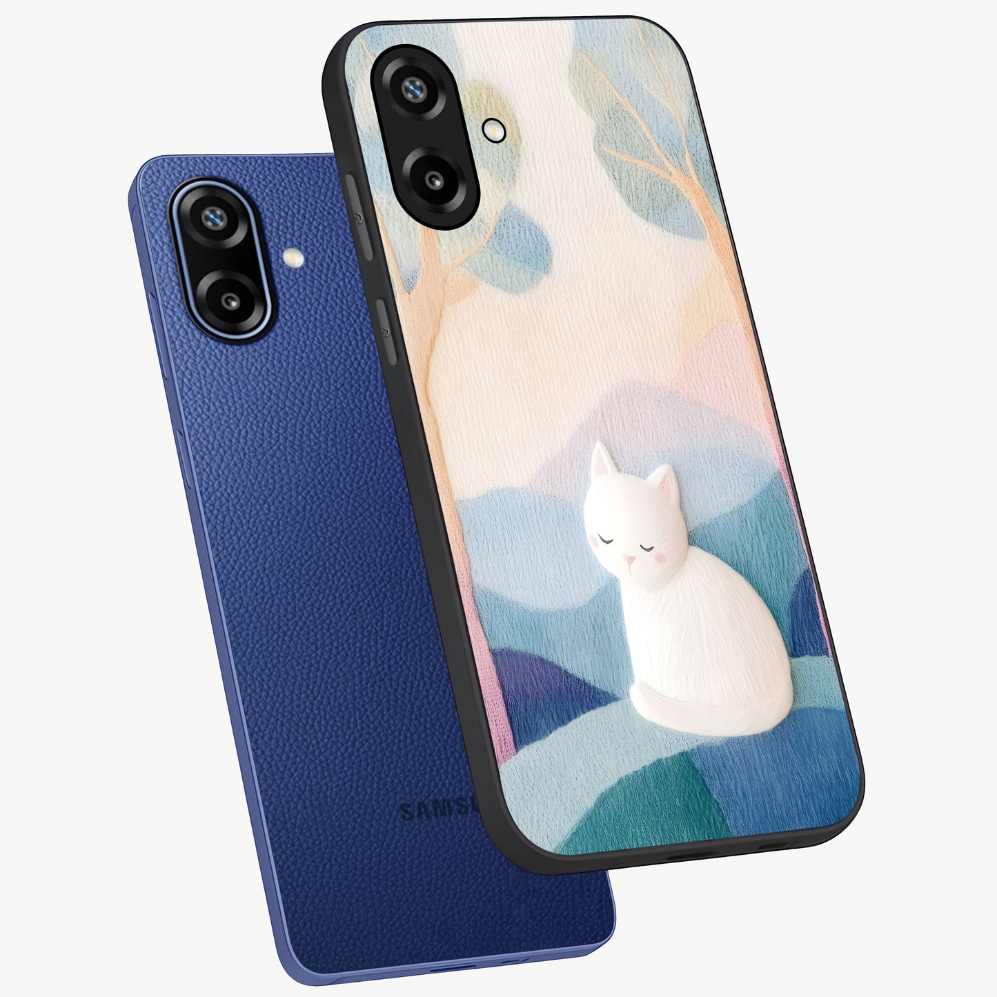 Cotton Dream Cat Glass Case displayed in angled mockup highlighting cute feline illustration with pastel aesthetic style.