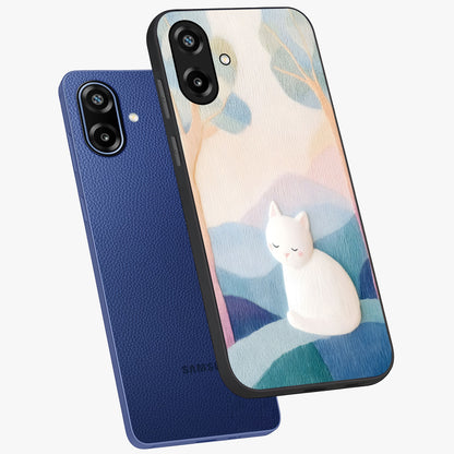 Cotton Dream Cat Glass Case displayed in angled mockup highlighting cute feline illustration with pastel aesthetic style.