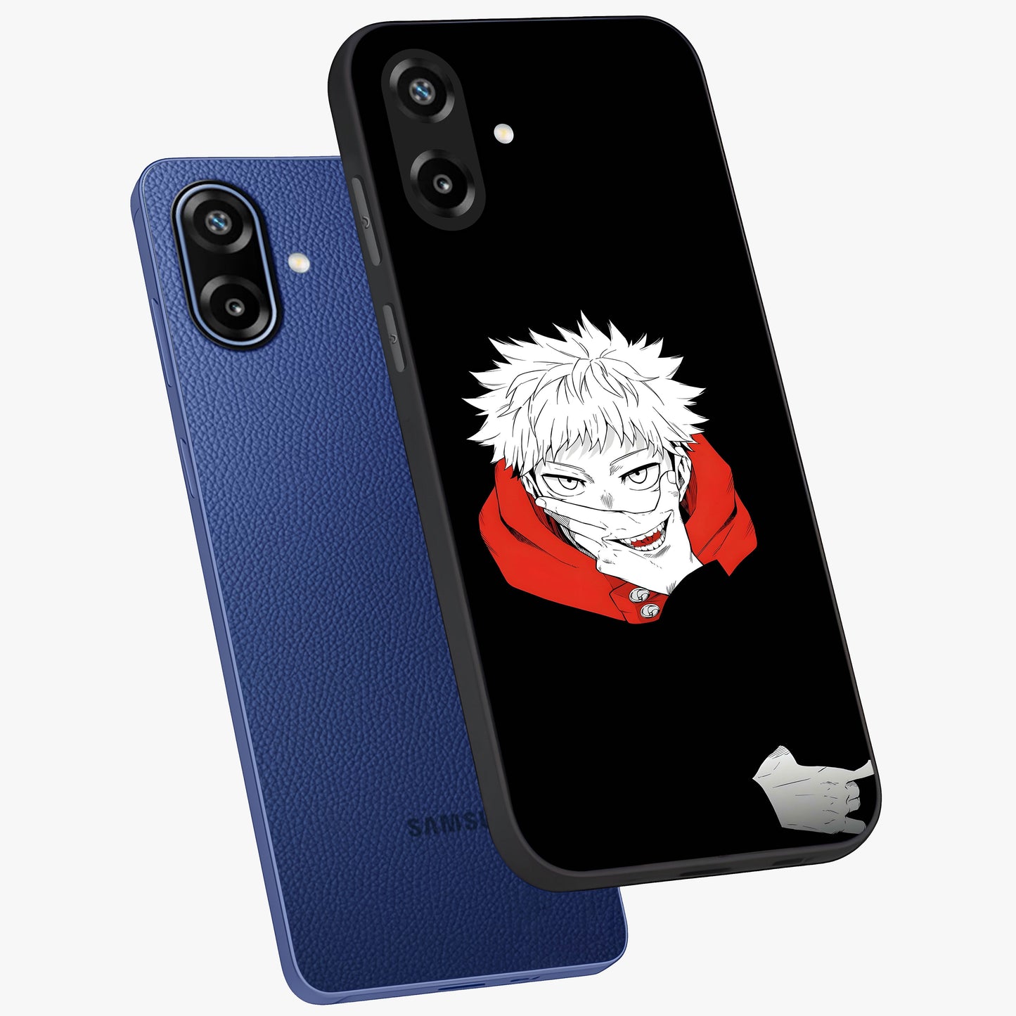 Crimson Chaos Smile Glass Case displayed in angled mockup highlighting edgy crimson smile design with graphic aesthetic.