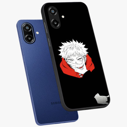 Crimson Chaos Smile Glass Case displayed in angled mockup highlighting edgy crimson smile design with graphic aesthetic.