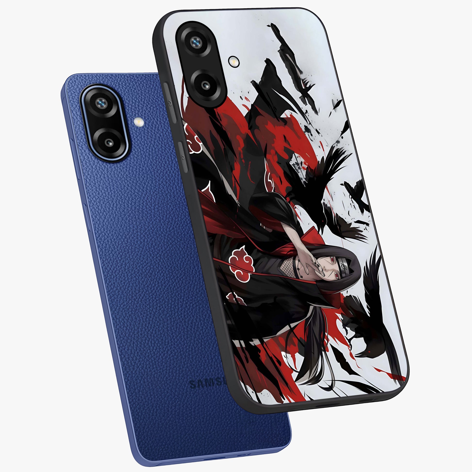 Crimson Crow Illusion Glass Case displayed in angled mockup highlighting mysterious crow graphic with dark aesthetic style.