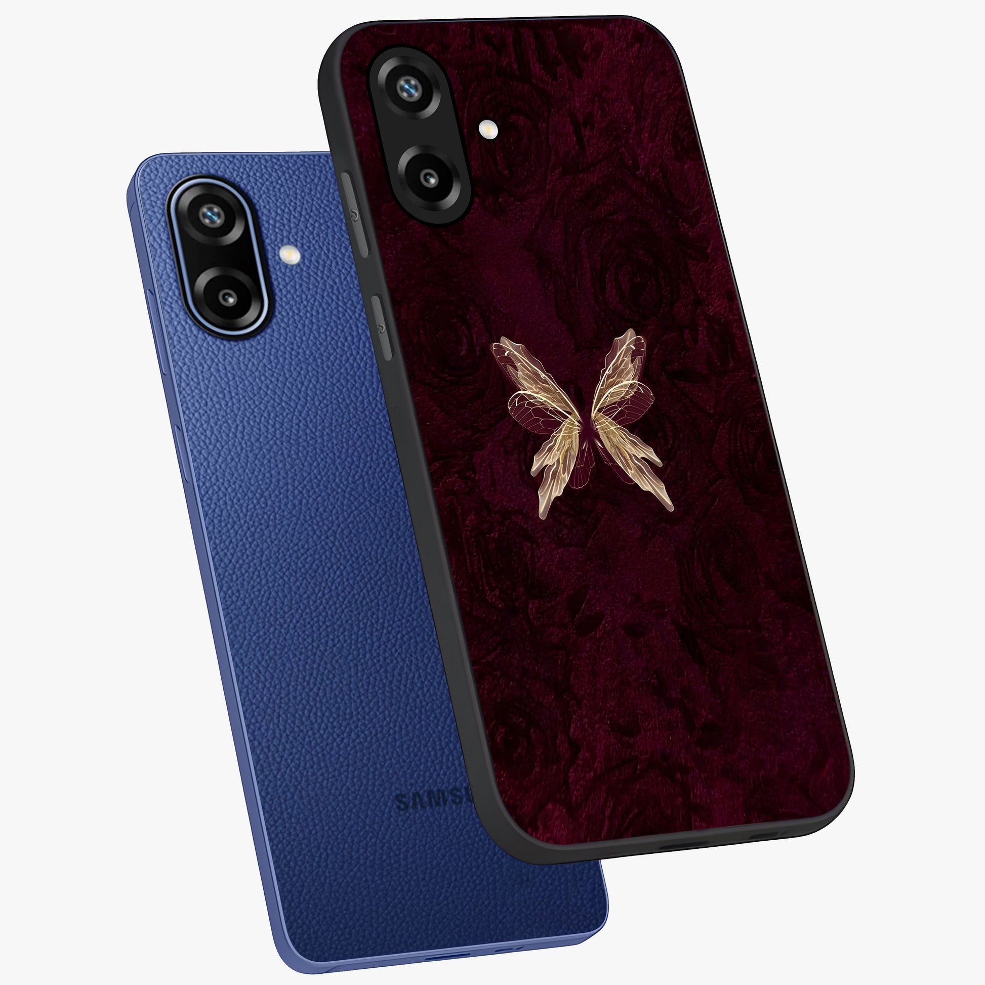 Crimson Fade Butterfly Glass Case displayed in angled mockup highlighting elegant butterfly design with crimson gradient aesthetic.