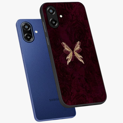 Crimson Fade Butterfly Glass Case displayed in angled mockup highlighting elegant butterfly design with crimson gradient aesthetic.