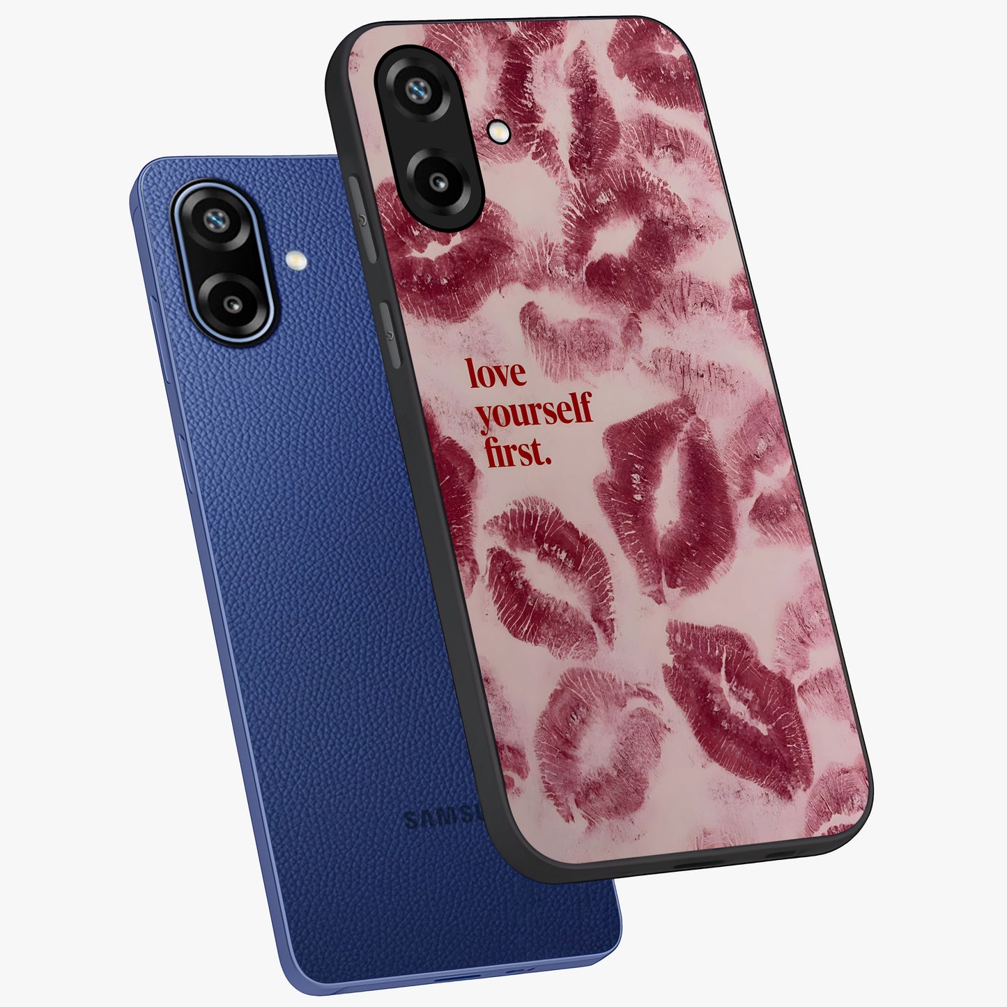 Crimson Kiss Love Glass Case displayed in angled mockup highlighting bold love inspired design with modern aesthetic style.