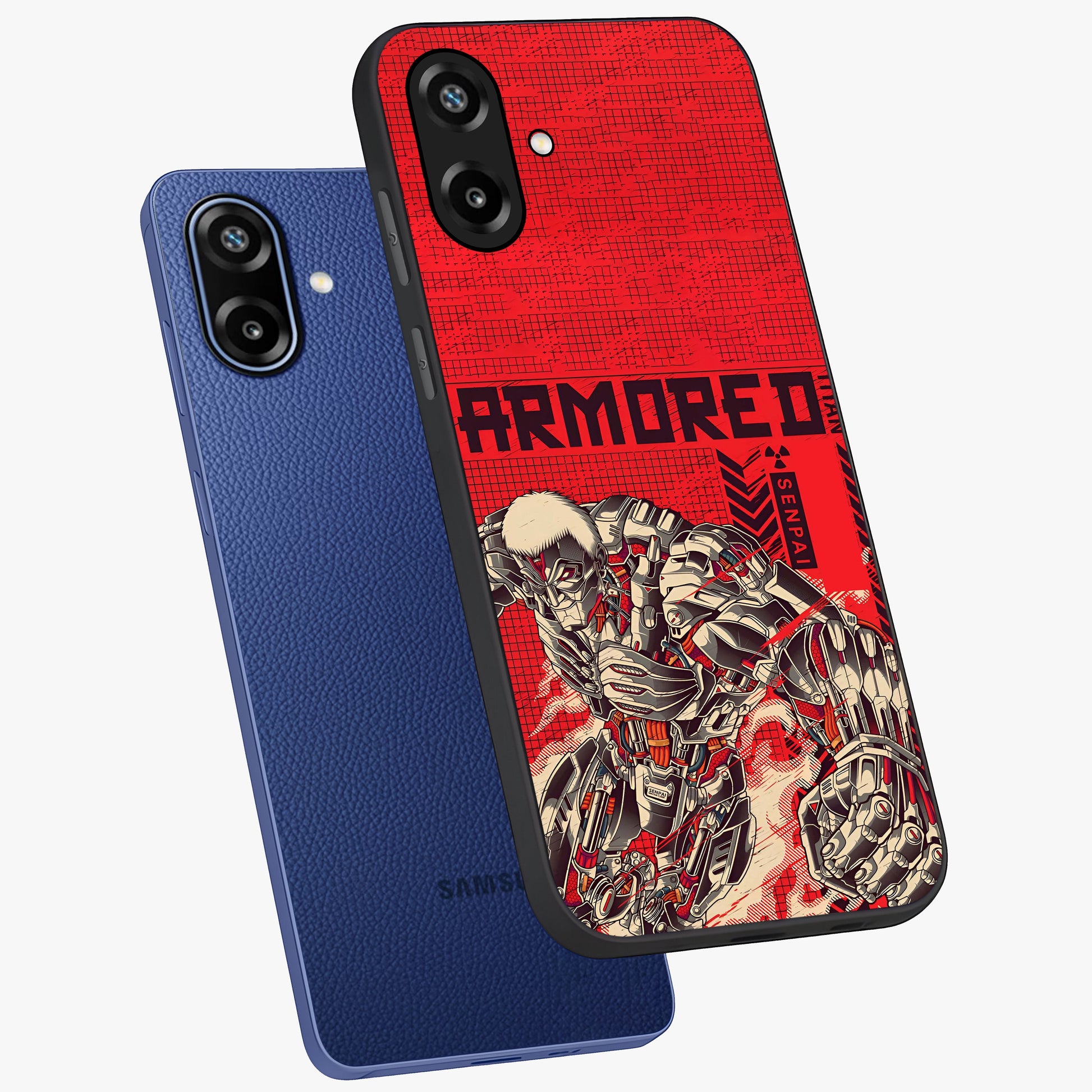 Crimson Mecha Titan Glass Case displayed in angled mockup highlighting futuristic mech illustration with bold crimson aesthetic.