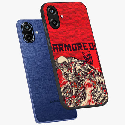 Crimson Mecha Titan Glass Case displayed in angled mockup highlighting futuristic mech illustration with bold crimson aesthetic.